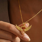 14K Solid Gold Angel Wing Heart Necklace Interlocking Love Pendant Guardian Angel Jewelry Memorial Gift Romantic