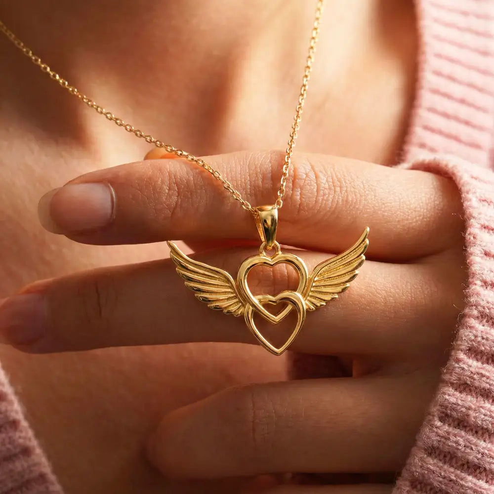 14K Solid Gold Angel Wing Heart Necklace Interlocking Love Pendant Guardian Angel Jewelry Memorial Gift Romantic