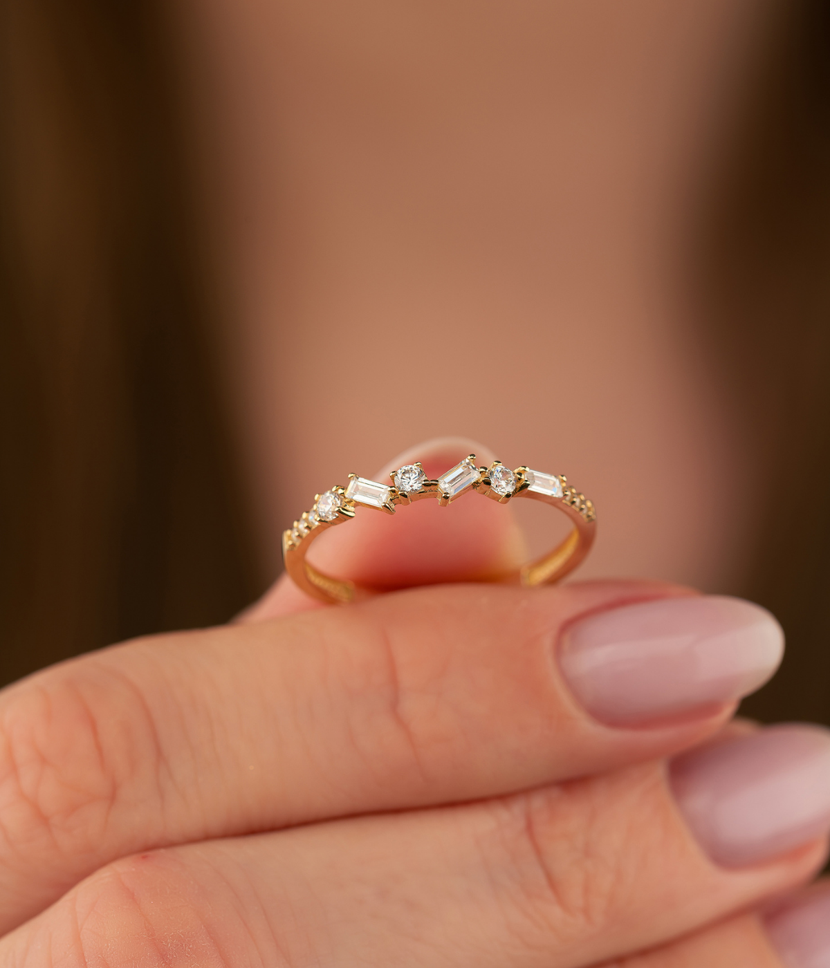 14K Solid Gold Baguette and Round CZ Halfway CrissCross Band - Rings