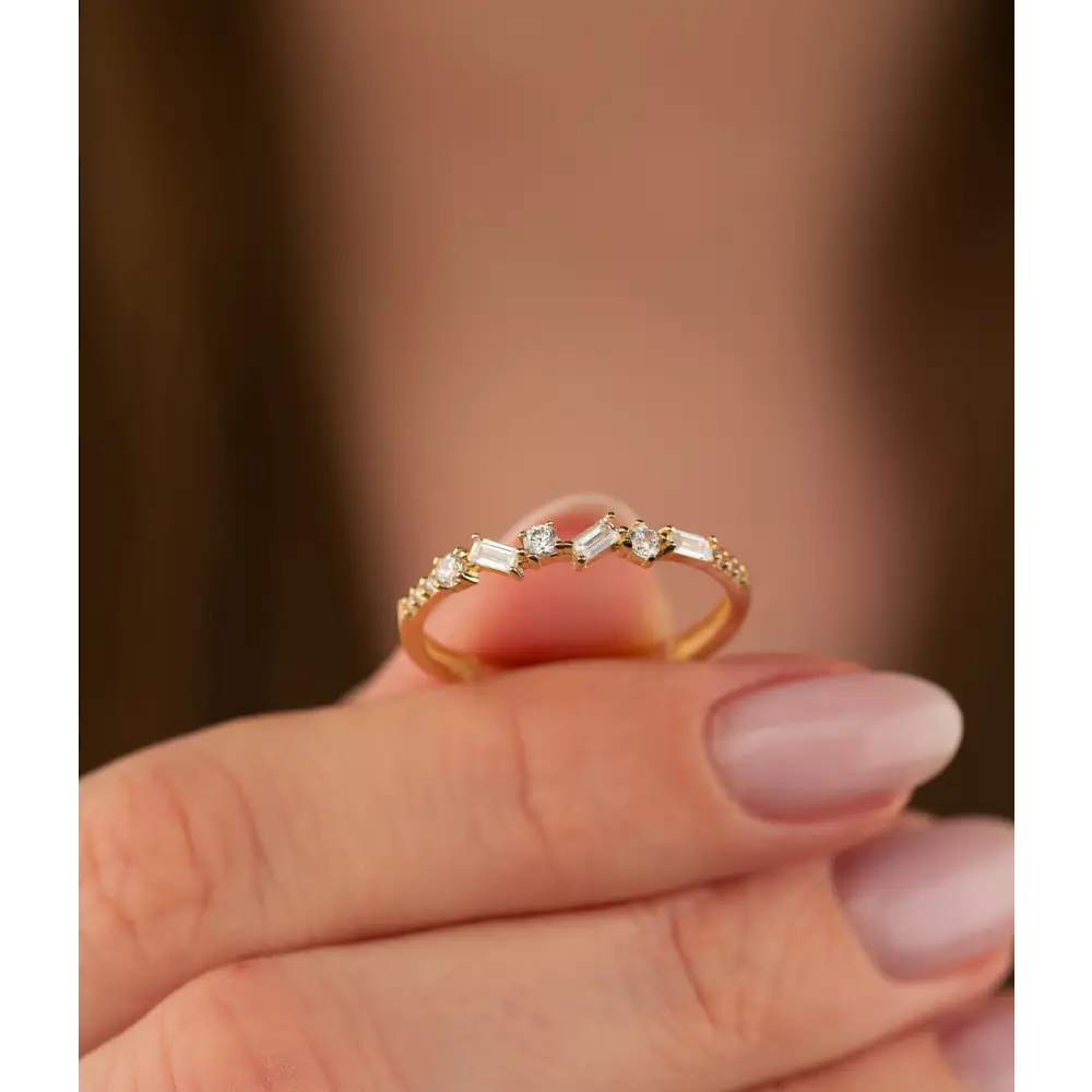 14K Solid Gold Baguette and Round CZ Halfway CrissCross Band - Rings