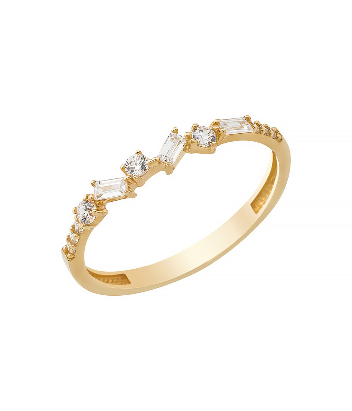 14K Solid Gold Baguette and Round CZ Halfway CrissCross Band - Rings