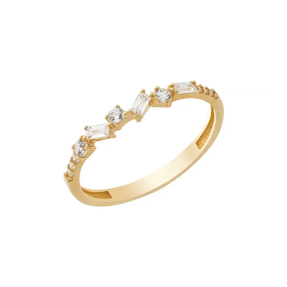 14K Solid Gold Baguette and Round CZ Halfway CrissCross Band - Rings