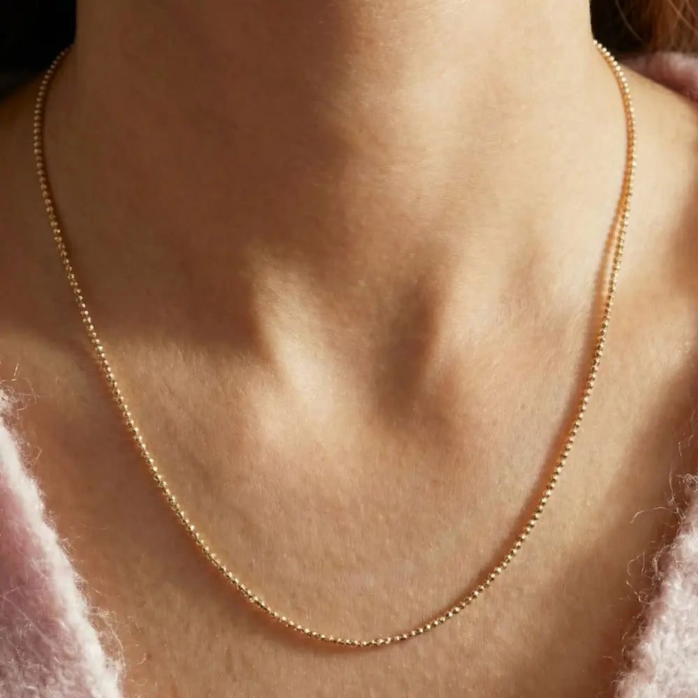 14K Solid Gold Beaded Chain 1-1.15-1.5mm 18 inch Satellite Necklace Dainty Ball Link Choker Real Gold Layering Chain