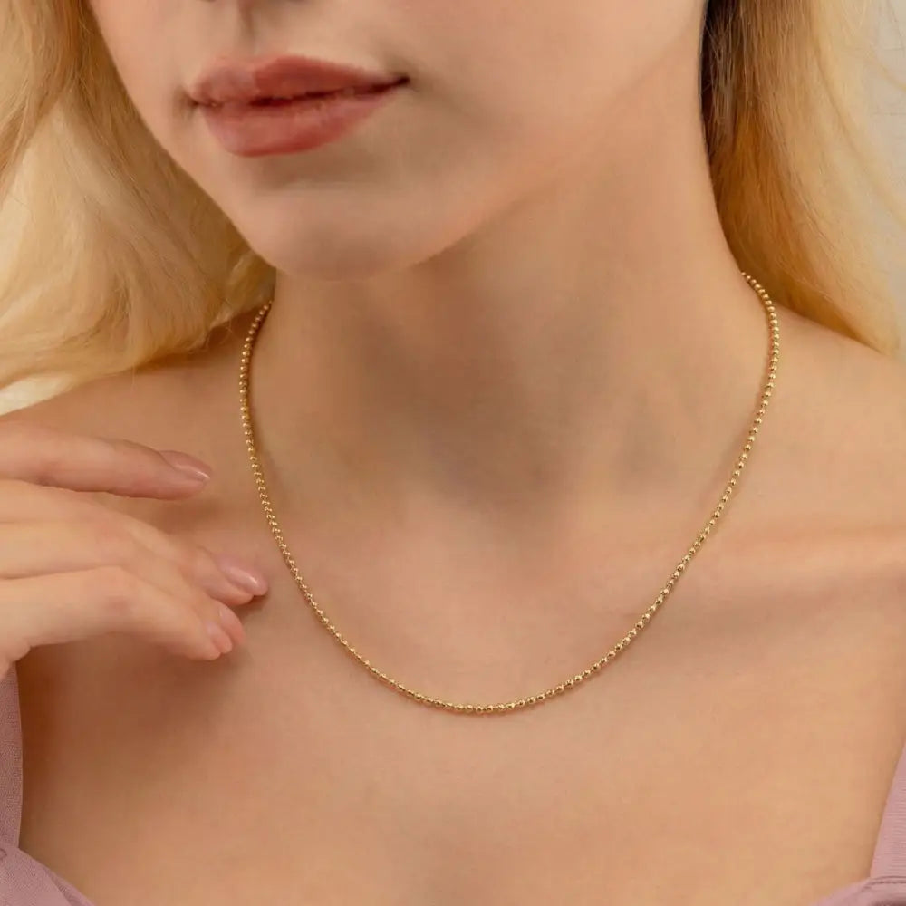 14K Solid Gold Beaded Chain 1-1.15-1.5mm 18 inch Satellite Necklace Dainty Ball Link Choker Real Gold Layering Chain
