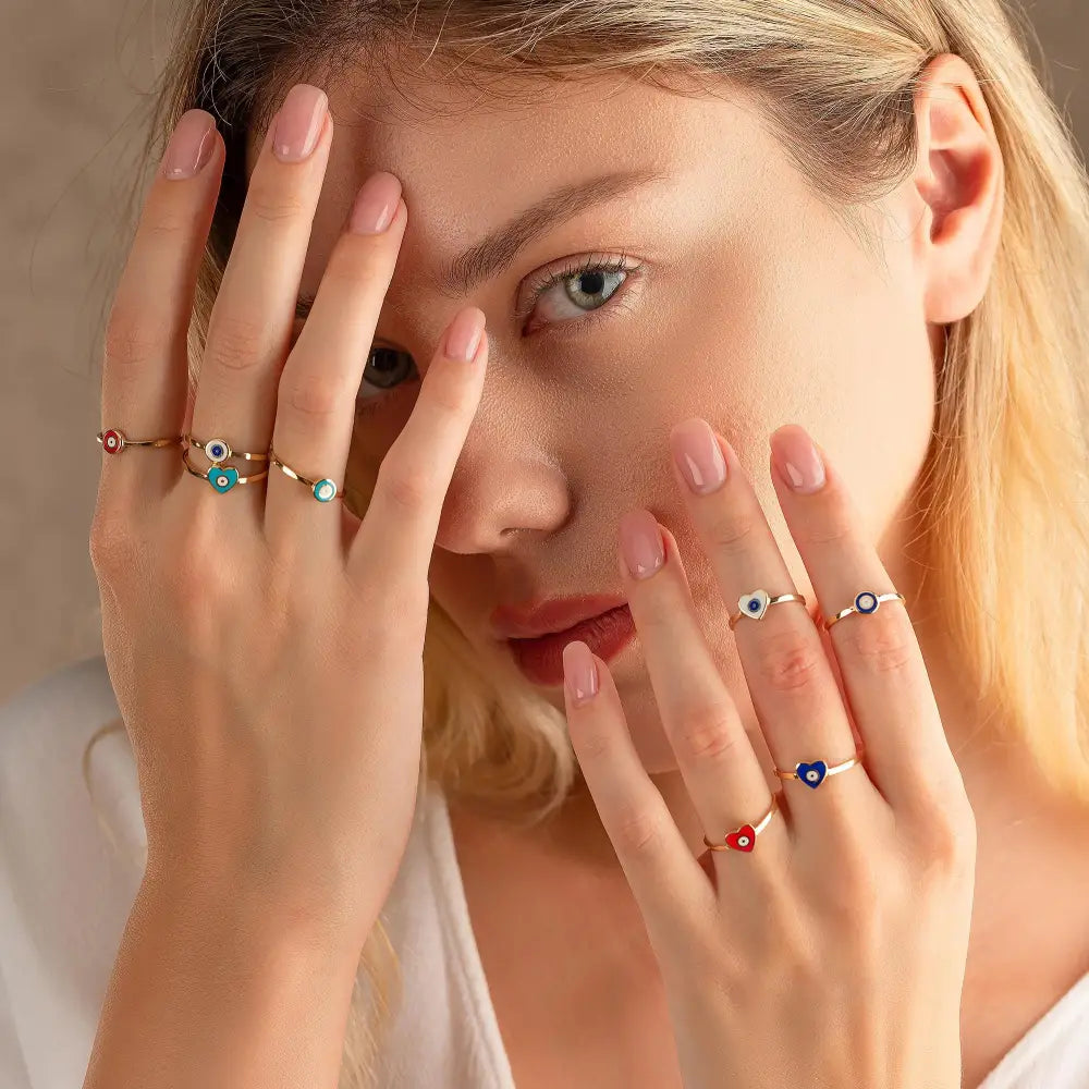 14K Solid Gold Blue Evil Eye Heart Ring Enamel Signet