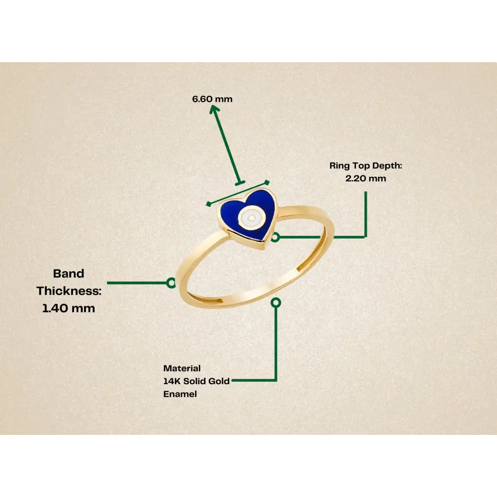 14K Solid Gold Blue Evil Eye Heart Ring Enamel Signet