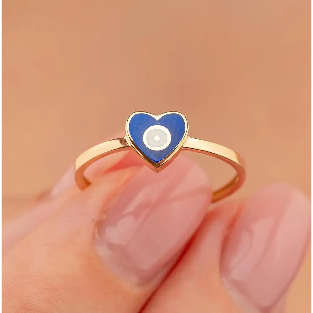 14K Solid Gold Blue Evil Eye Heart Ring Enamel Signet