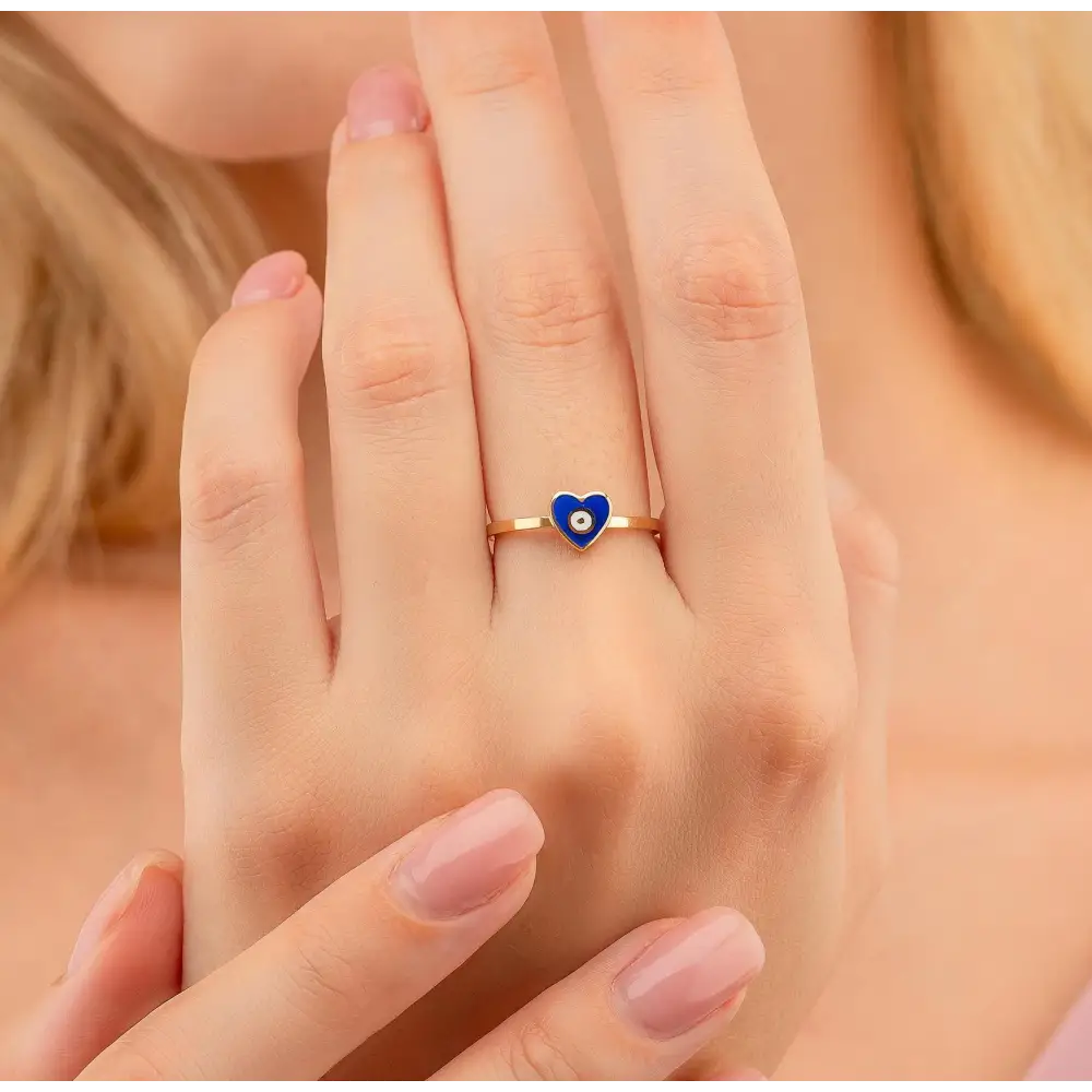 14K Solid Gold Blue Evil Eye Heart Ring Enamel Signet
