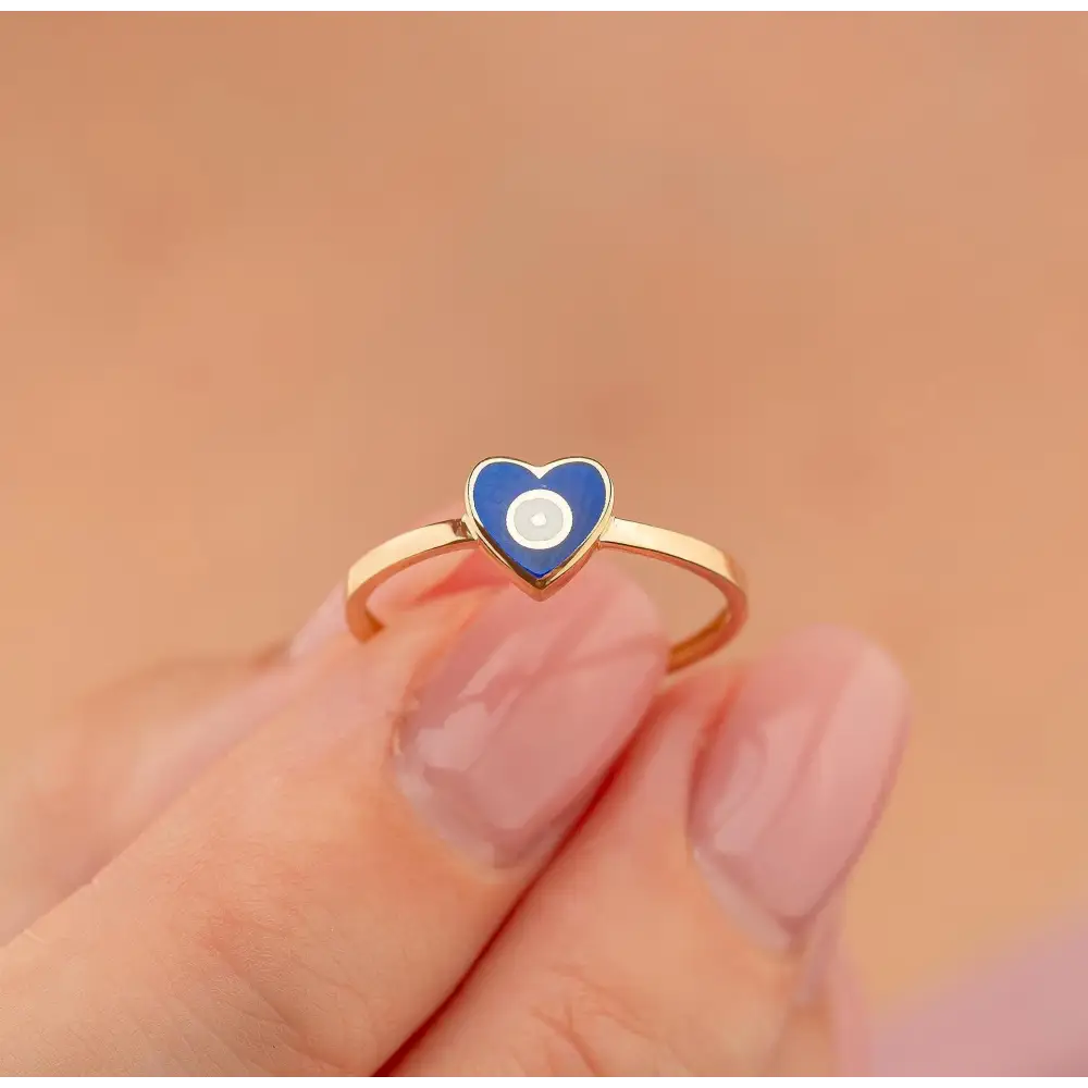 14K Solid Gold Blue Evil Eye Heart Ring Enamel Signet