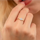 14K Solid Gold Blue Evil Eye Ring Enamel Signet Ring for Women