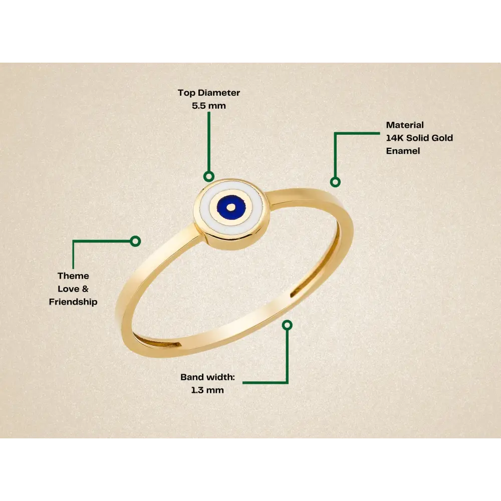 14K Solid Gold Blue Evil Eye Ring Enamel Signet Ring for Women