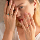 14K Solid Gold Blue Evil Eye Ring Enamel Signet Ring for Women