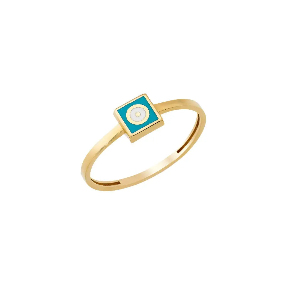 14K Solid Gold Blue Evil Eye Signet Ring Square Enamel Band