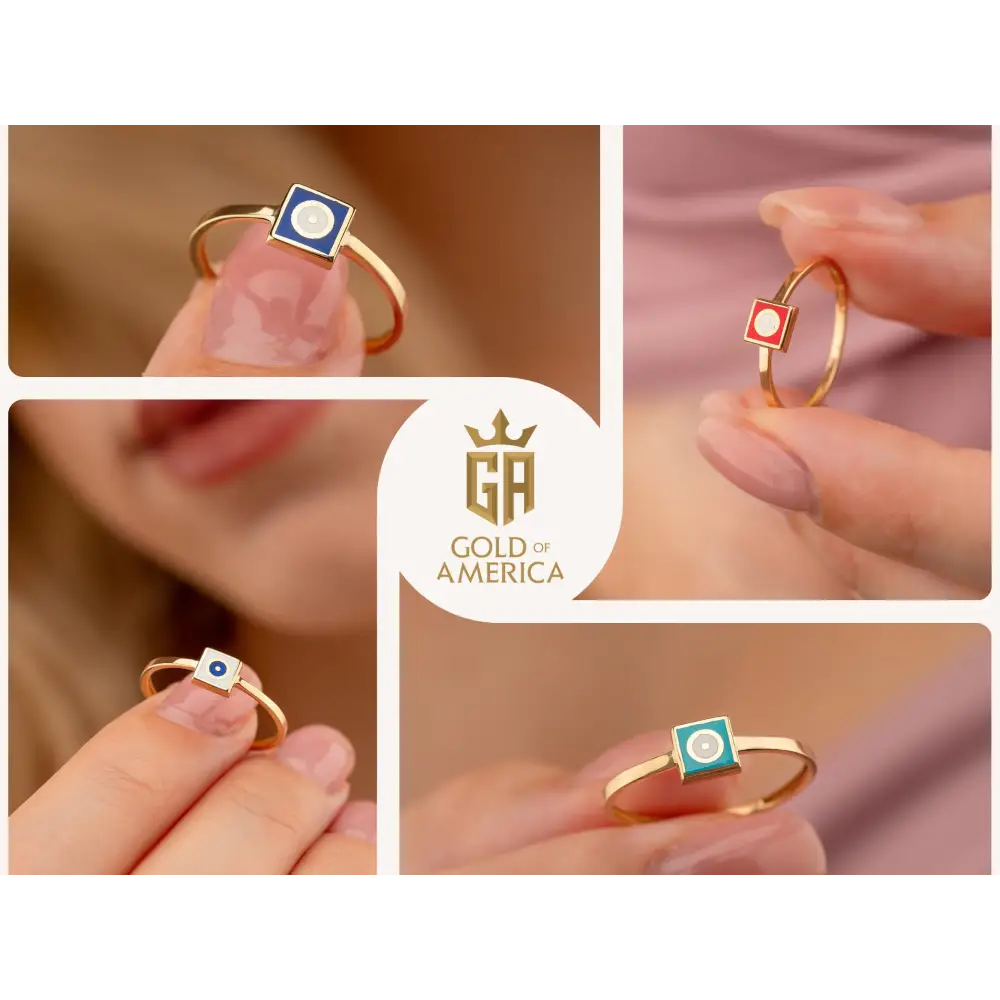 14K Solid Gold Blue Evil Eye Signet Ring Square Enamel Band