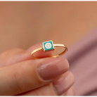 14K Solid Gold Blue Evil Eye Signet Ring Square Enamel Band