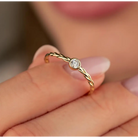 14K Solid Gold Braided Wedding Band Bezel Set CZ Engagement Ring Women