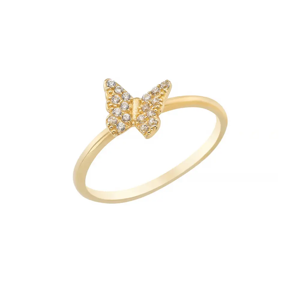 14K Solid Gold Butterfly Ring CZ - Rings