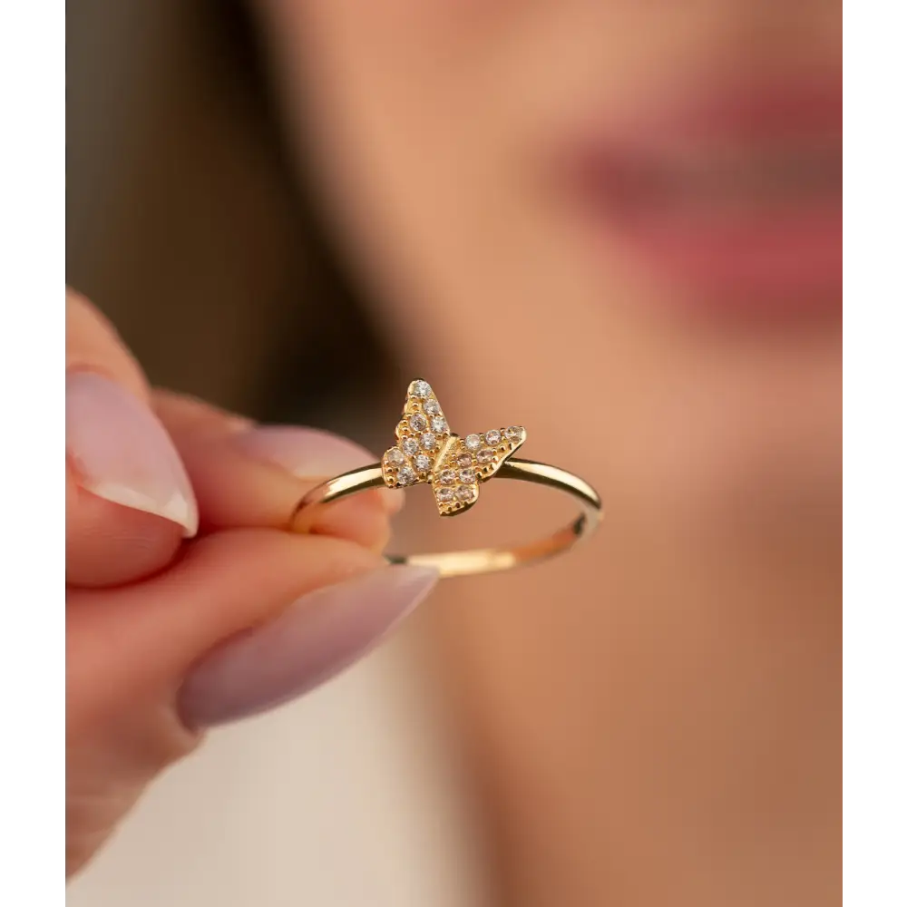 14K Solid Gold Butterfly Ring CZ - Rings