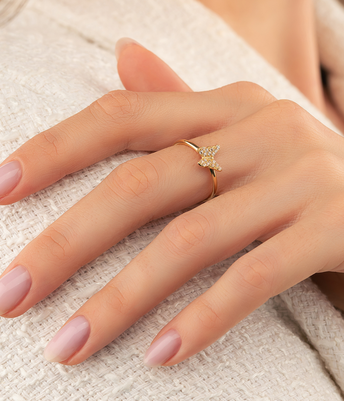 14K Solid Gold Butterfly Ring CZ - Rings