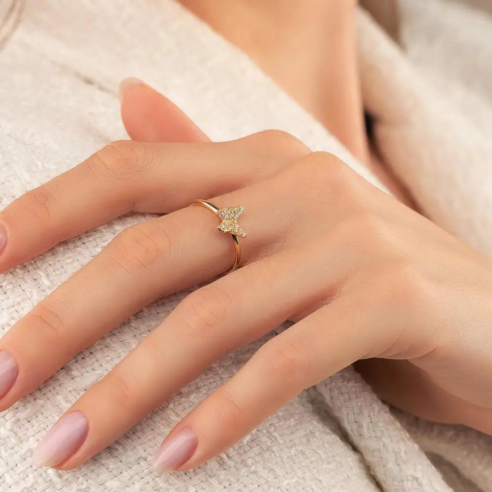 14K Solid Gold Butterfly Ring Pave Cubic Zirconia Stacking Ring for Women