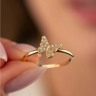 14K Solid Gold Butterfly Ring Pave Cubic Zirconia Stacking Ring for Women