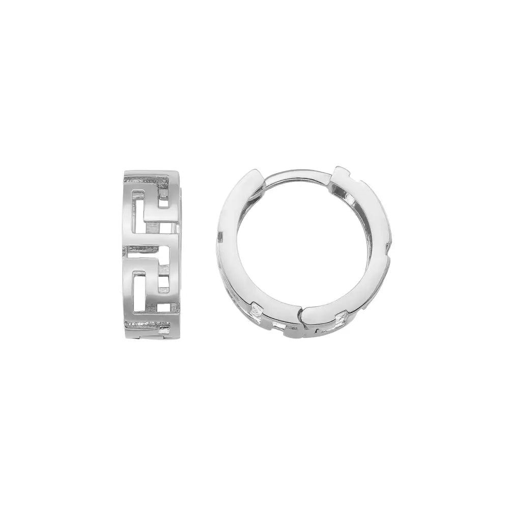 14K Solid Gold Byzantine Greek Key Huggie Hoop Earrings | Wide Meander Pattern Hoops for Women - Single (1 Earring)