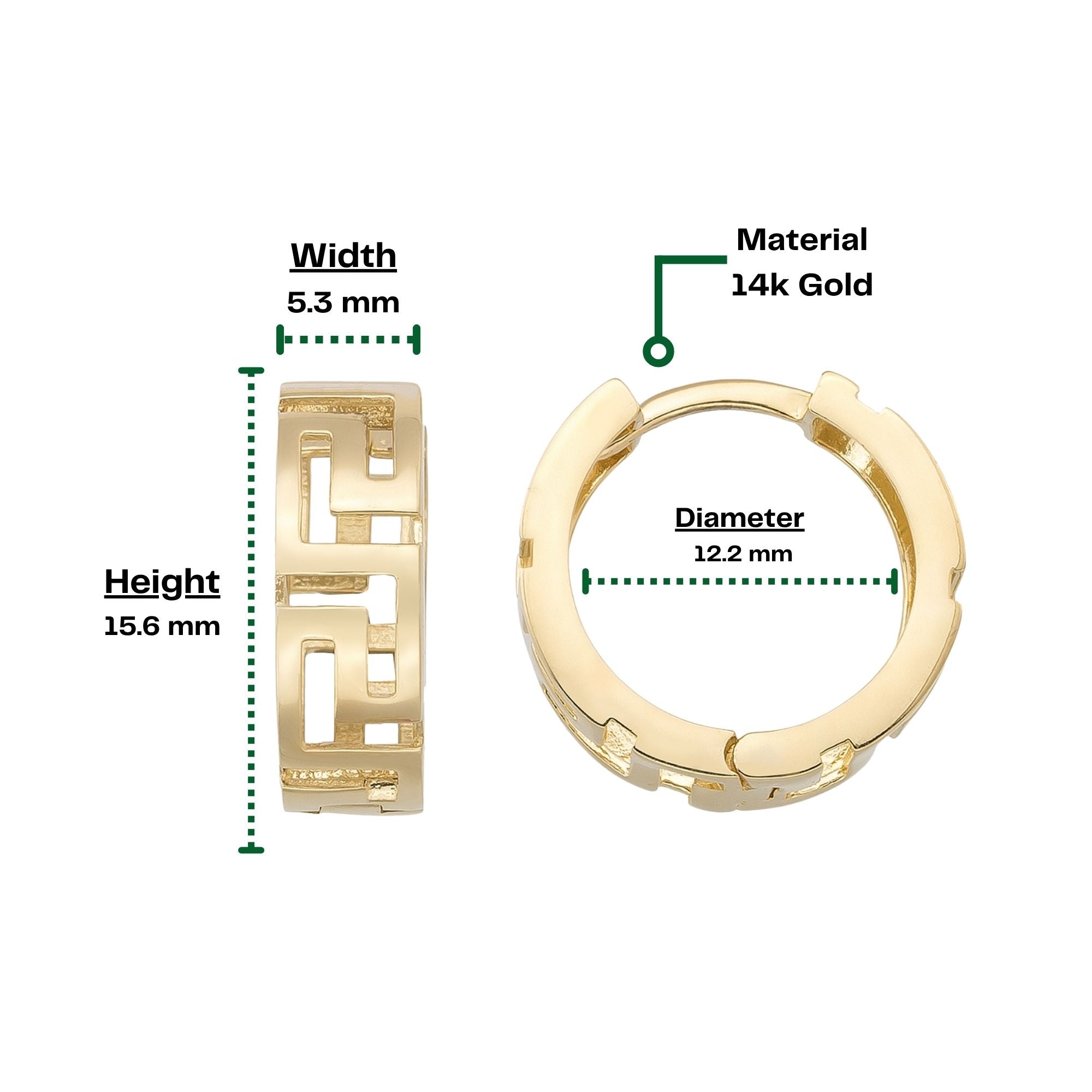 14K Solid Gold Byzantine Greek Key Huggie Hoop Earrings | Wide Meander Pattern Hoops for Women - Hoop Earrings