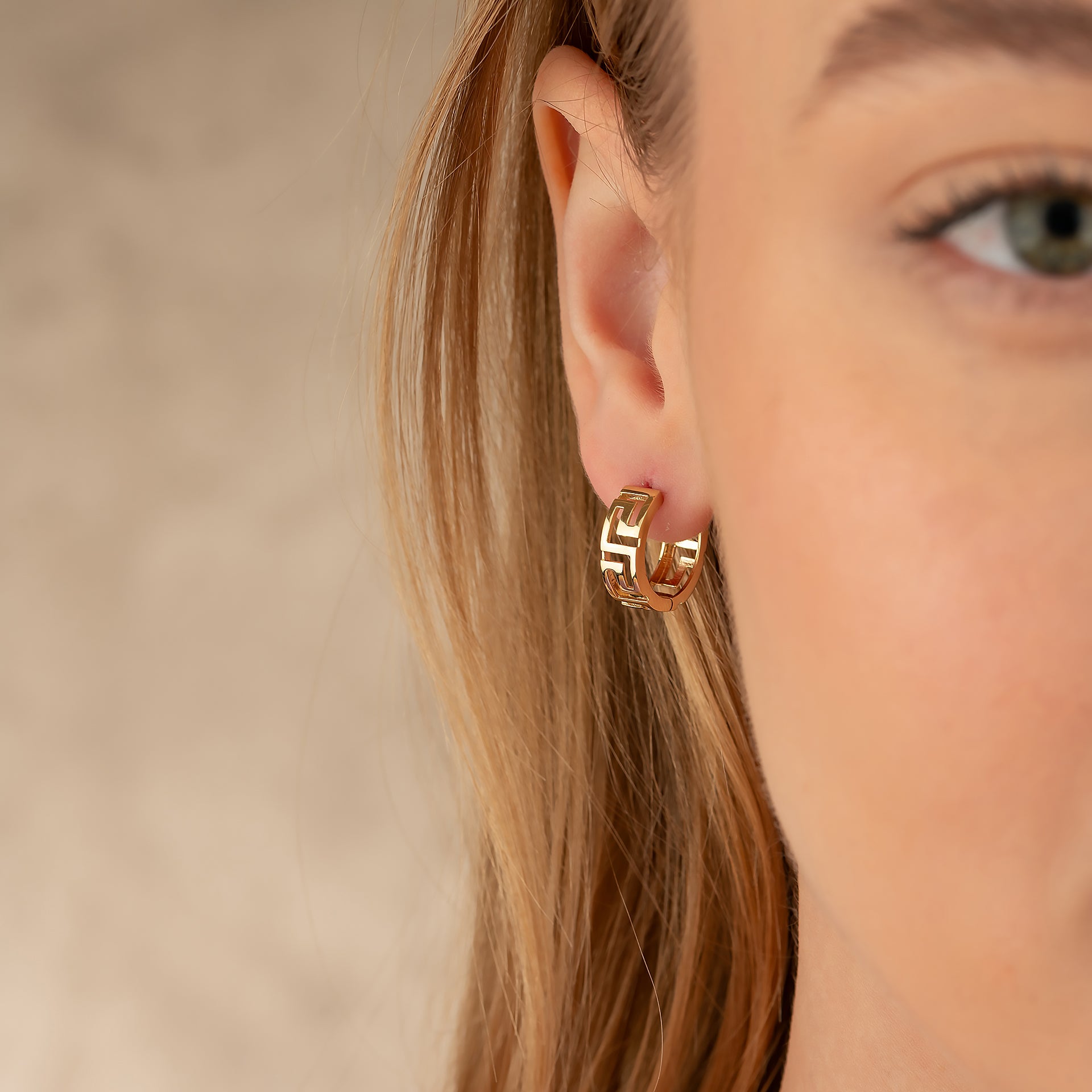 14K Solid Gold Byzantine Greek Key Huggie Hoop Earrings | Wide Meander Pattern Hoops for Women - Hoop Earrings