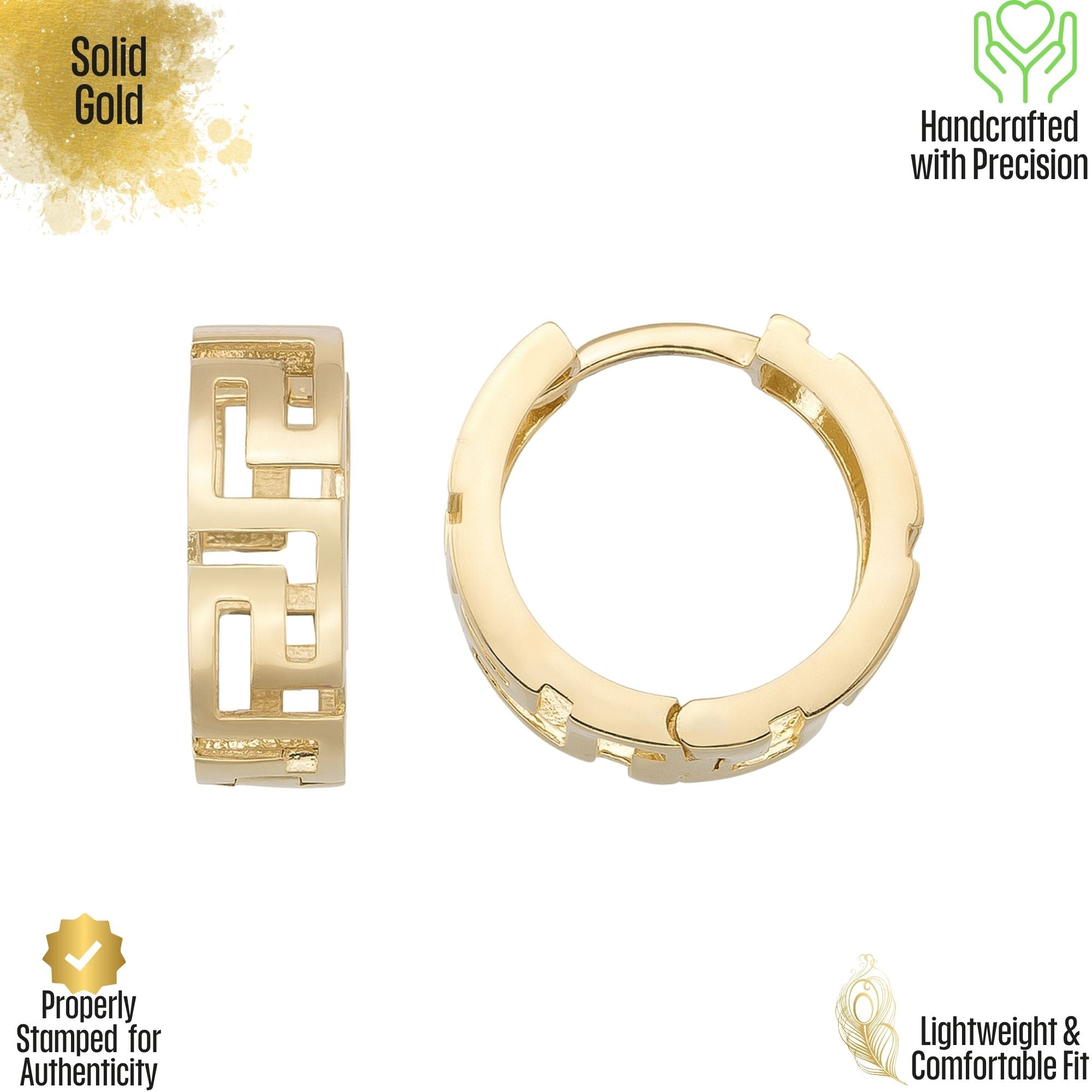 14K Solid Gold Byzantine Greek Key Huggie Hoop Earrings | Wide Meander Pattern Hoops for Women - Hoop Earrings