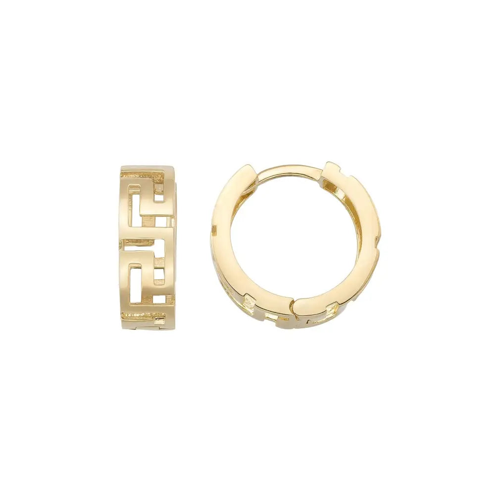 14K Solid Gold Byzantine Greek Key Huggie Hoop Earrings | Wide Meander Pattern Hoops for Women - Single (1 Earring)