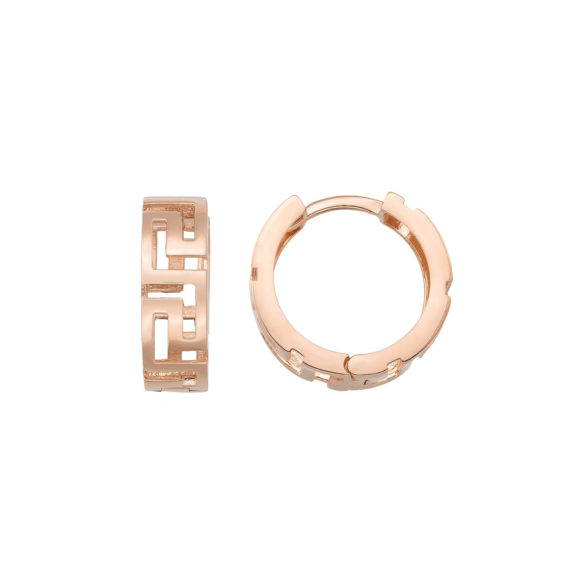 14K Solid Gold Byzantine Greek Key Huggie Hoop Earrings | Wide Meander Pattern Hoops for Women - Single (1 Earring)