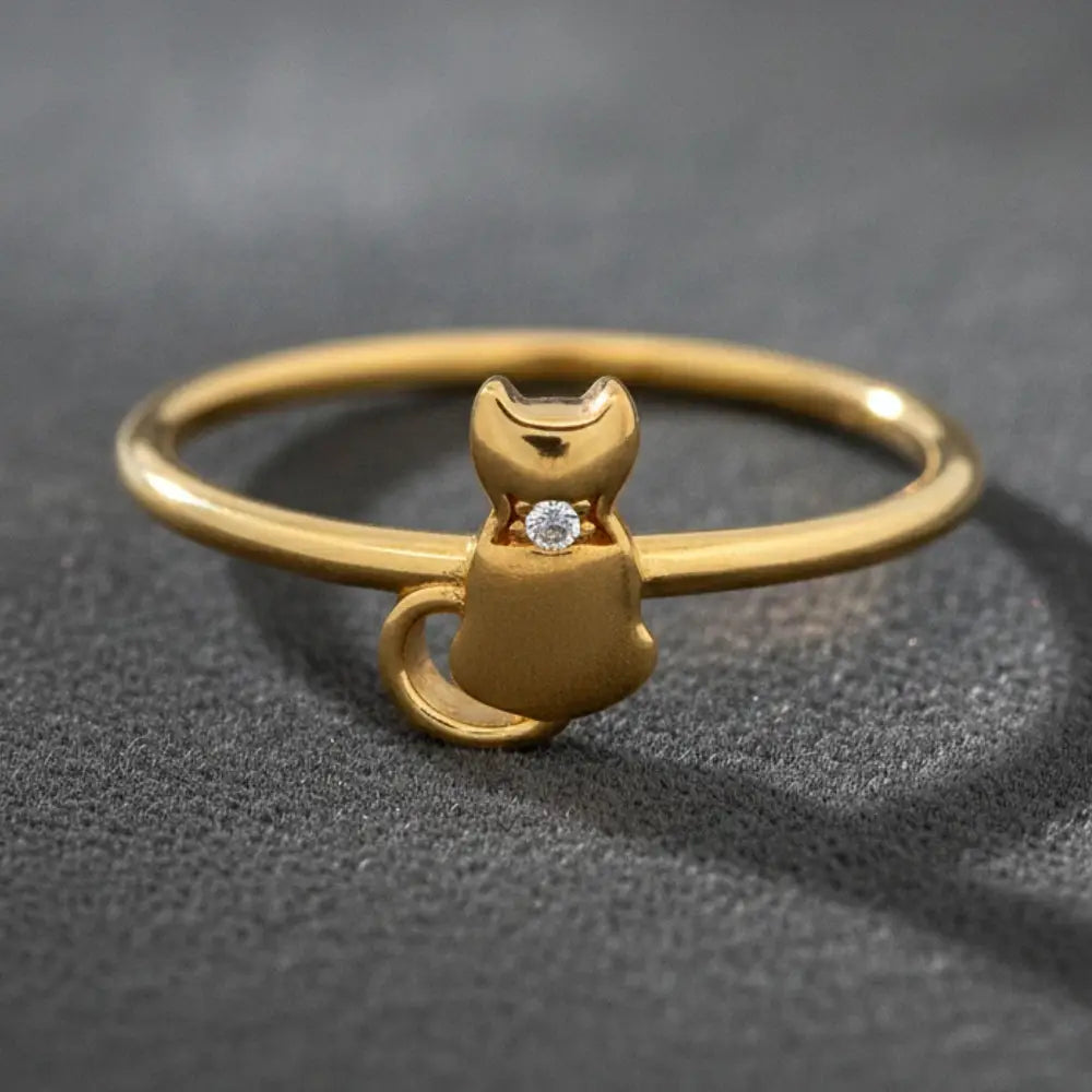 14K Solid Gold Cat Ring Small Simulated Diamond Accent Pet Lover Gift by GoA