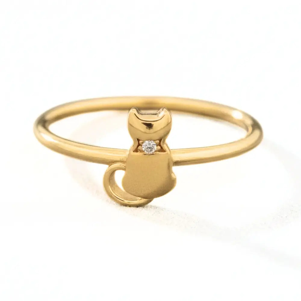 14K Solid Gold Cat Ring Small Simulated Diamond Accent Pet Lover Gift by GoA