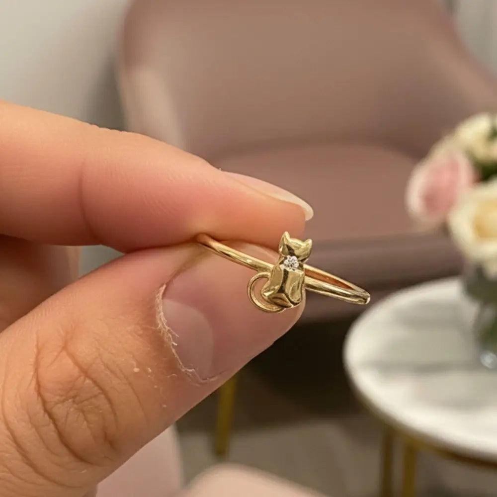 14K Solid Gold Cat Ring Small Simulated Diamond Accent Pet Lover Gift by GoA