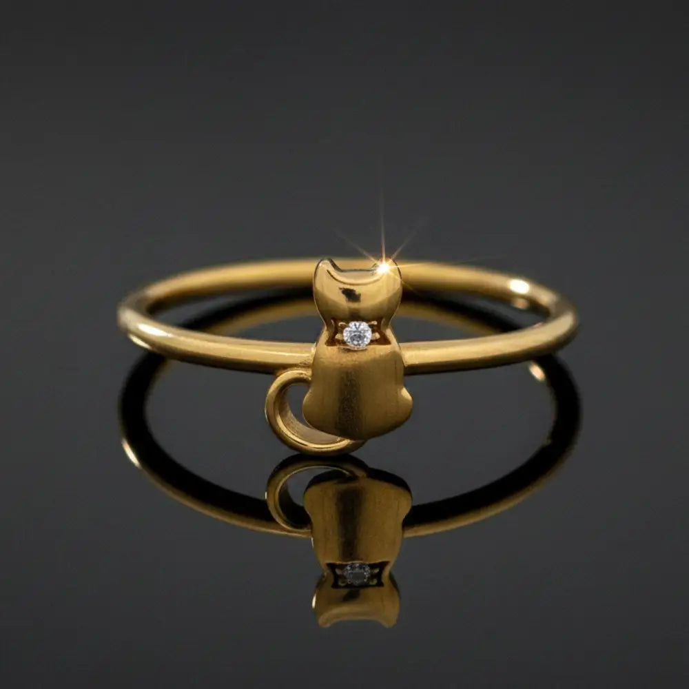 14K Solid Gold Cat Ring Small Simulated Diamond Accent Pet Lover Gift by GoA