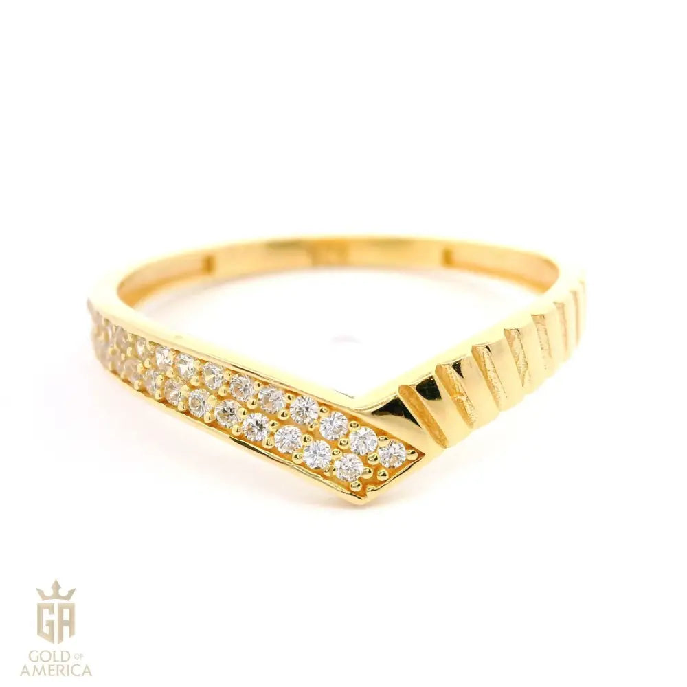 14K Solid Gold Chevron Ring – Curved V Shape Wedding Band with Simulated Diamonds