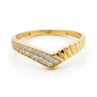 14K Solid Gold Chevron Ring – Curved V Shape Wedding Band with Simulated Diamonds