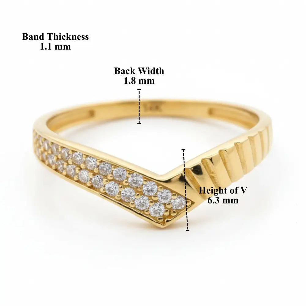 14K Solid Gold Chevron Ring – Curved V Shape Wedding Band with Simulated Diamonds