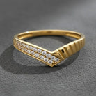 14K Solid Gold Chevron Ring – Curved V Shape Wedding Band with Simulated Diamonds
