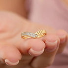 14K Solid Gold Chevron Ring – Curved V Shape Wedding Band with Simulated Diamonds