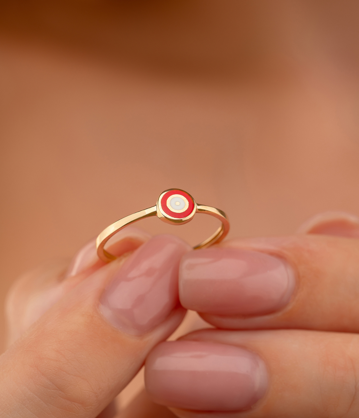 14K Solid Gold Circle Evil Eye Ring Red - Rings