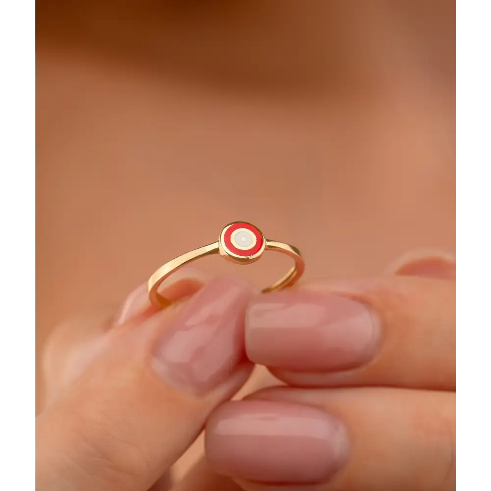 14K Solid Gold Circle Evil Eye Ring Red - Rings