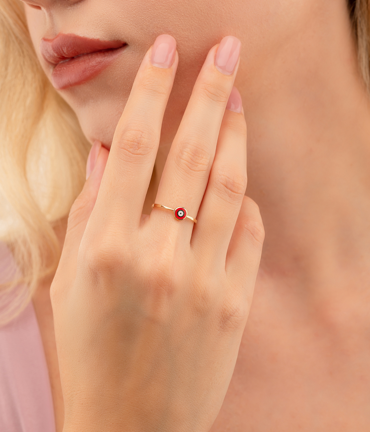 14K Solid Gold Circle Evil Eye Ring Red - Rings