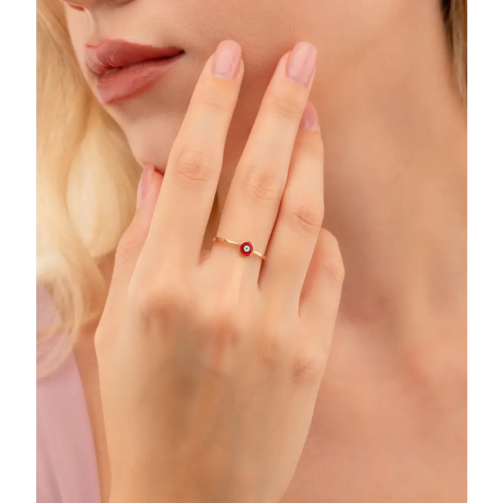 14K Solid Gold Circle Evil Eye Ring Red - Rings
