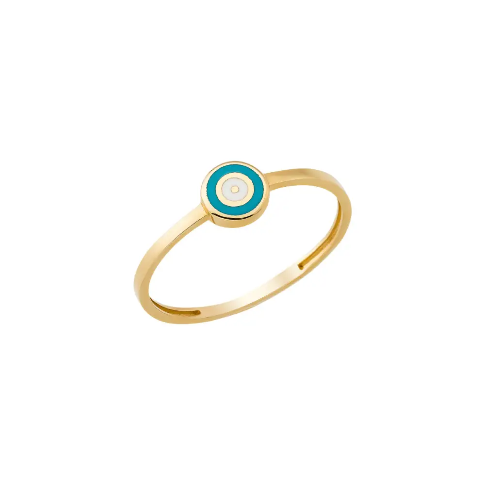 14K Solid Gold Circle Evil Eye Ring Turquoise - Rings