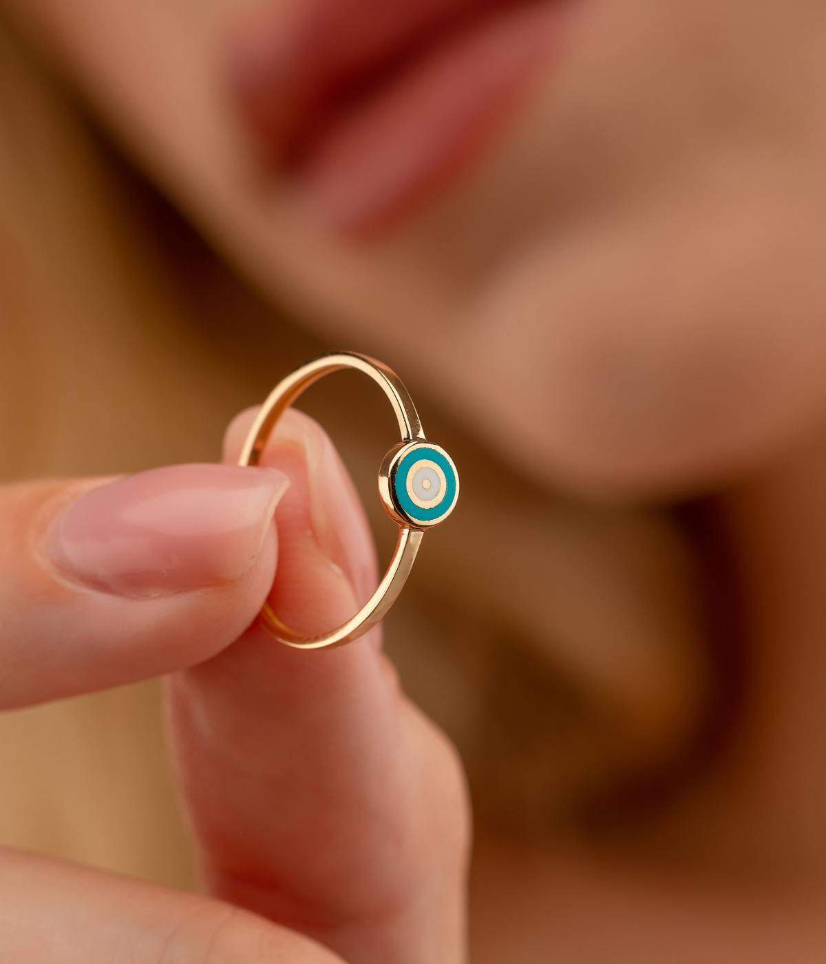 14K Solid Gold Circle Evil Eye Ring Turquoise - Rings