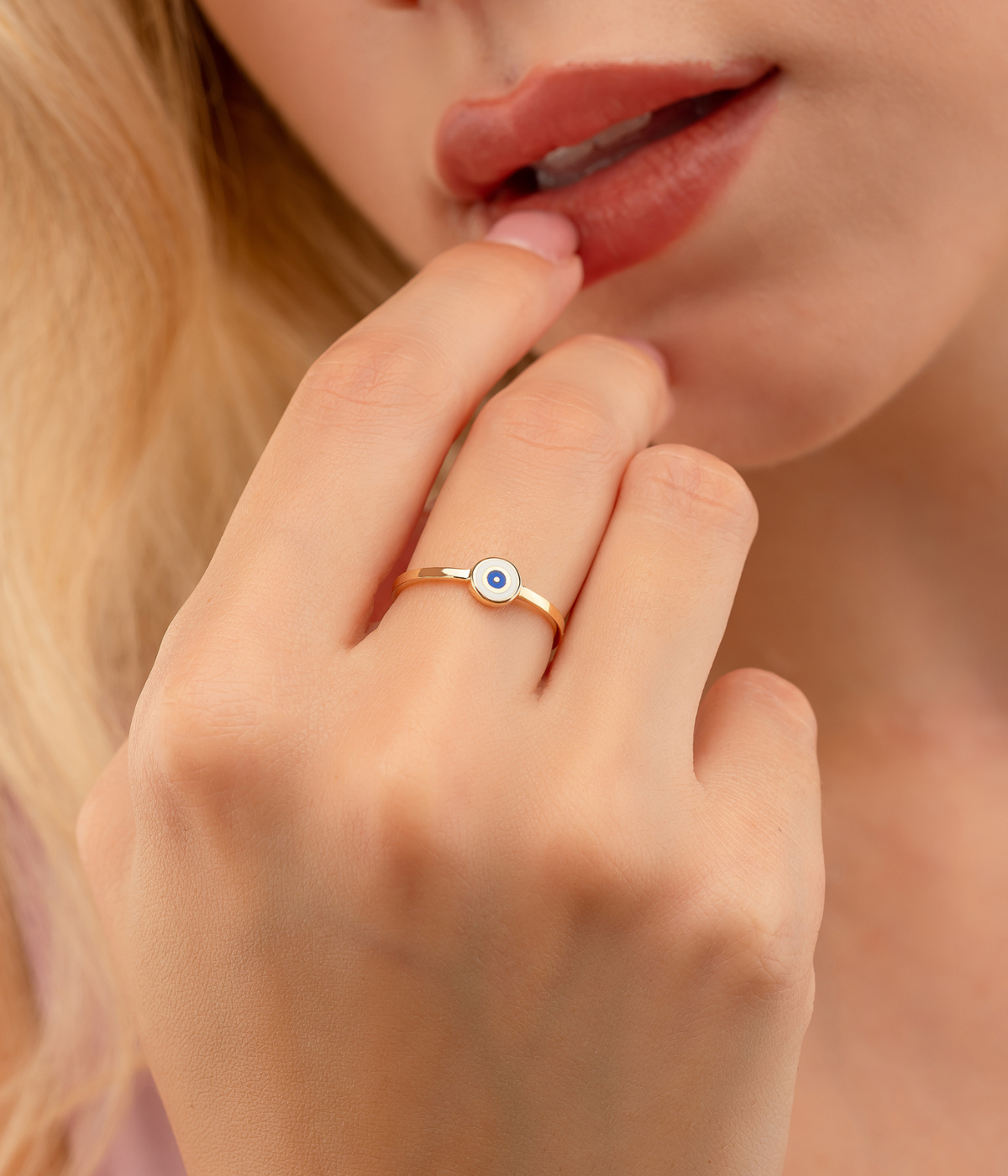 14K Solid Gold Circle Evil Eye Ring White - Rings