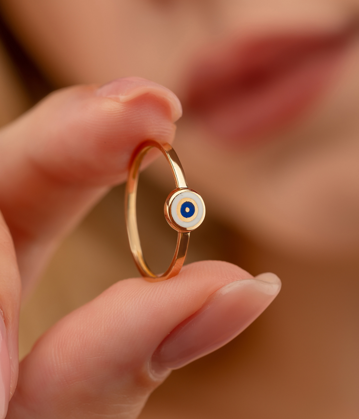 14K Solid Gold Circle Evil Eye Ring White - Rings