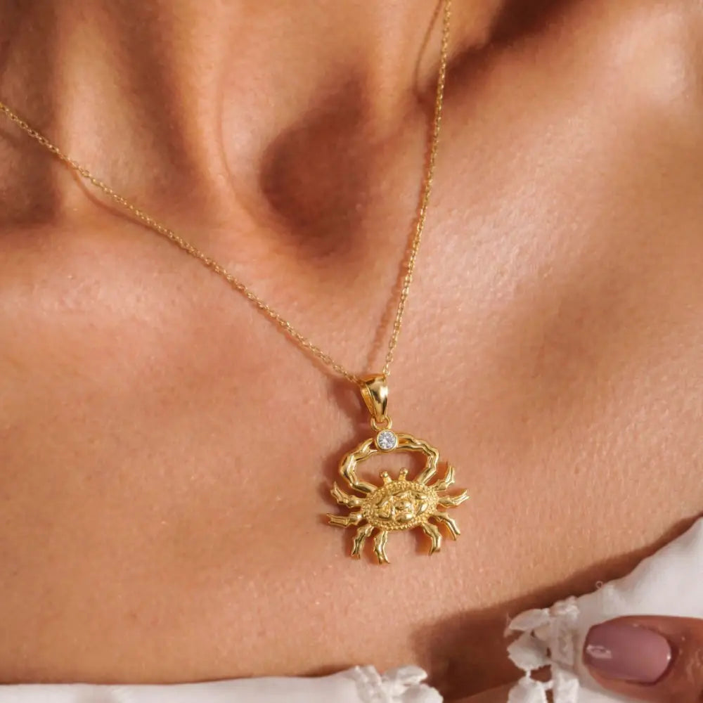 14K Solid Gold Crab Necklace Single CZ Stone Pendant Cancer Zodiac Charm Dainty Ocean Jewelry Birthday Gift for Her