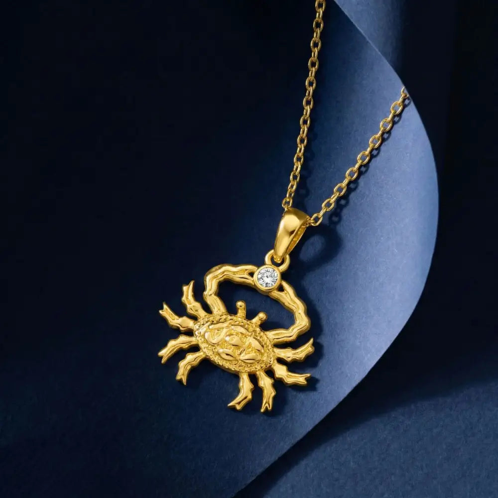 14K Solid Gold Crab Necklace Single CZ Stone Pendant Cancer Zodiac Charm Dainty Ocean Jewelry Birthday Gift for Her